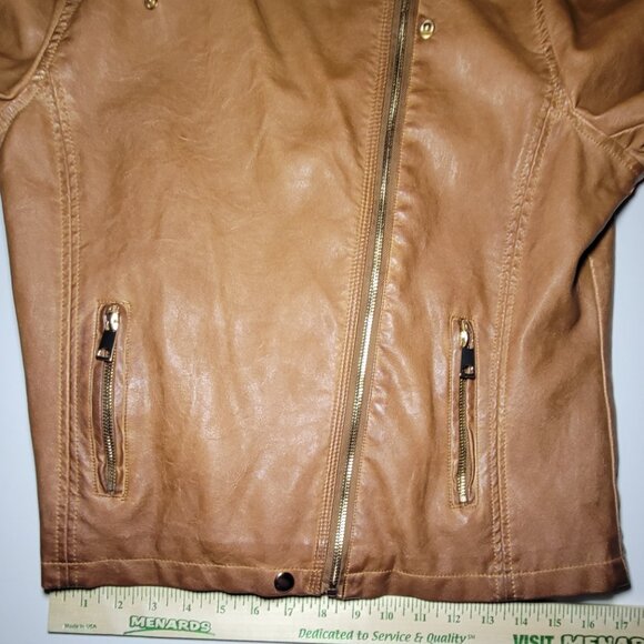 Blu Pepper Womens Brown Faux Leather Biker Jacket with Removable Hood Size Large - Picture 5 of 16